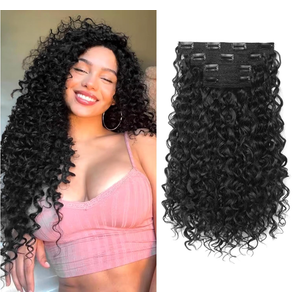 Clip in Hair Extensions, FLUFYMOOZ 4PC 100％ Pure Protein Silk Hair Extensions Long Soft Natural Hairpiece 16 Inch Curly Hair Extension for Women (Black Brown)