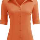 HOTOUCH Women's Basic Button Down Shirts 3/4 Sleeve Stretch Button Up Dress Shirt Slim Fit Waitress Work Shirts (Medium, Orange)