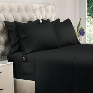 DREAMCARE King Size Sheets Set - 6 pcs Breathable Cooling Bed Sheets - up to 15" Deep Pocket King Sheet Set with Side Pockets - Extra Soft 100% Brushed Hypoallergenic Hotel Luxury Bedding - Black