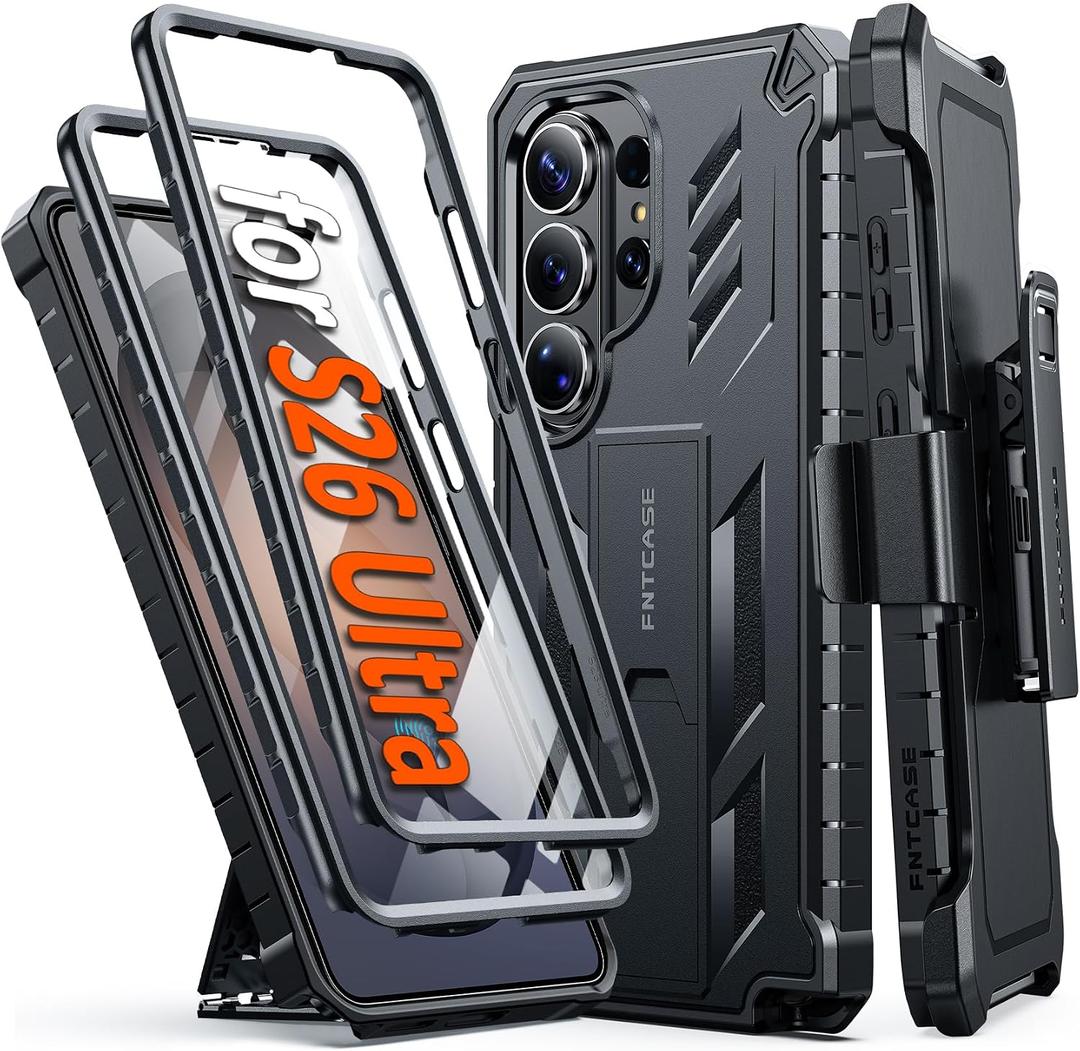 FNTCASE for Samsung Galaxy S26-Ultra Case: [2 Front Frames] [Built-in Screen Protector] [Belt Clip Holster & Kickstand] [Military-Grade Protection] Heavy Duty Full Body Shockproof Rugged Cover Black