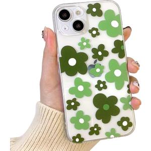 Lovmooful Compatible for iPhone 14 Plus Case Cute Clear Flower Floral Color Design for Girls Women Soft TPU Shockproof Protective Girly for iPhone 14 Plus-Green Flower