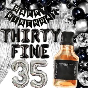 LaVenty Thirty Fine Birthday Decoration Banner 35th Birthday Party for Him 35th Birthday Decorations 35 Number Balloon Whiskey Balloon (Black Silver)