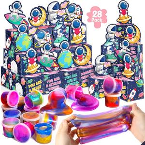 28 Pack Valentines Day Gifts for Kids, Galaxy Slime with Greeting Card Box Stress Relief Fidget Toy for Kids Party Favor Supplies, Classroom Exchange Prizes Valentine Party Gifts