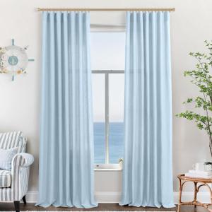 KOUFALL Blue Curtains 96 Inches Long for Living Room Girls Bedroom Set 2 Panels,Rod Pocket Light Blue Linen Semi Sheer Curtains 96 Inch Length for Kids Room,Baby Sky Blue