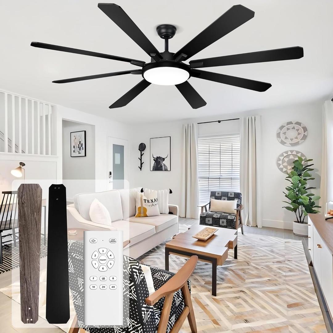 Ohniyou 72" Ceiling Fan with Light and Remote - Large Indoor Outdoor Ceiling Fan, 6 Speeds Reversible DC Motor, 8 Blades Farmhouse Industrial Ceiling Fans for Living Room Patio Bedroom, Black and Wood