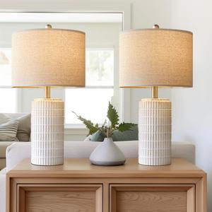 PoKat 23" Modern Ceramic Table Lamp Set of 2 for Living Room White Desk Lamps for Bedroom Farmhouse Bedside Nightstand Bedside Lamp End Table Lamps Beige (Beige and White - 23'' Ceramic Lamp)