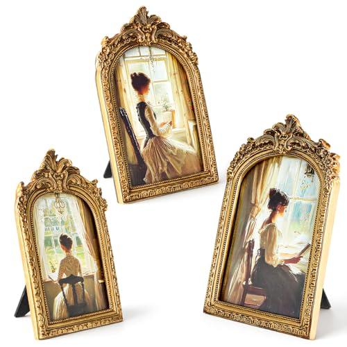 SHENLIU 3 Pcs Vintage Picture Frames 4x6, 5x7, 6x8 Antique Victorian Gold Arched Picture Frames for Tabletop and Wall Mount Ornate Retro Home Decor Gallery Wall Art Photo Gallery Gifts