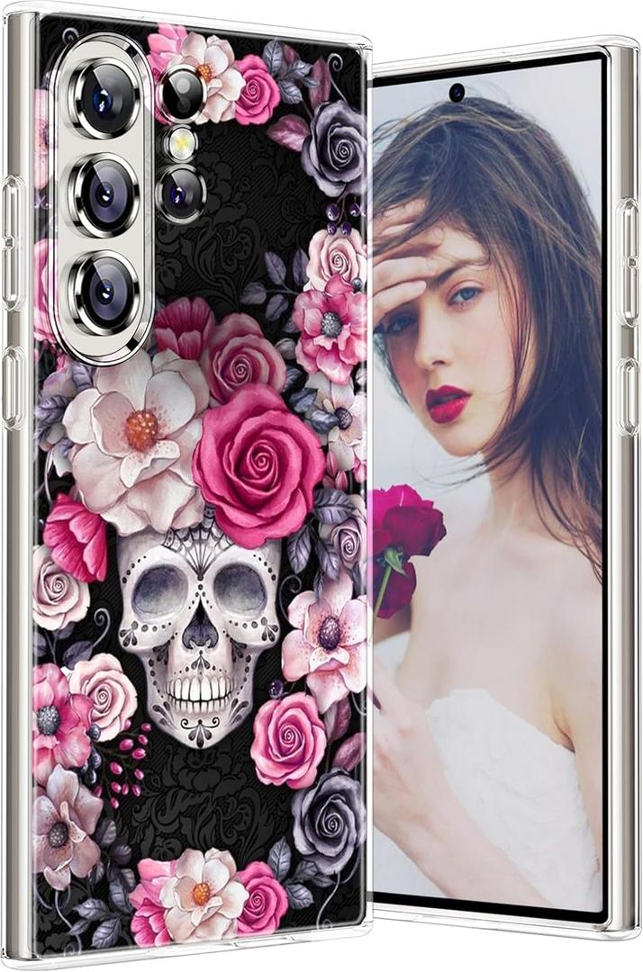 S25 Ultra Case for Samsung Galaxy S25 Ultra 5G Phone Case Women Girls, Cute Skull Rose Flower Design, Slim Silicone Bumper Anti-Scratch Shockproof Protective Cover for Samsung S25 Ultra 5G (Flower)