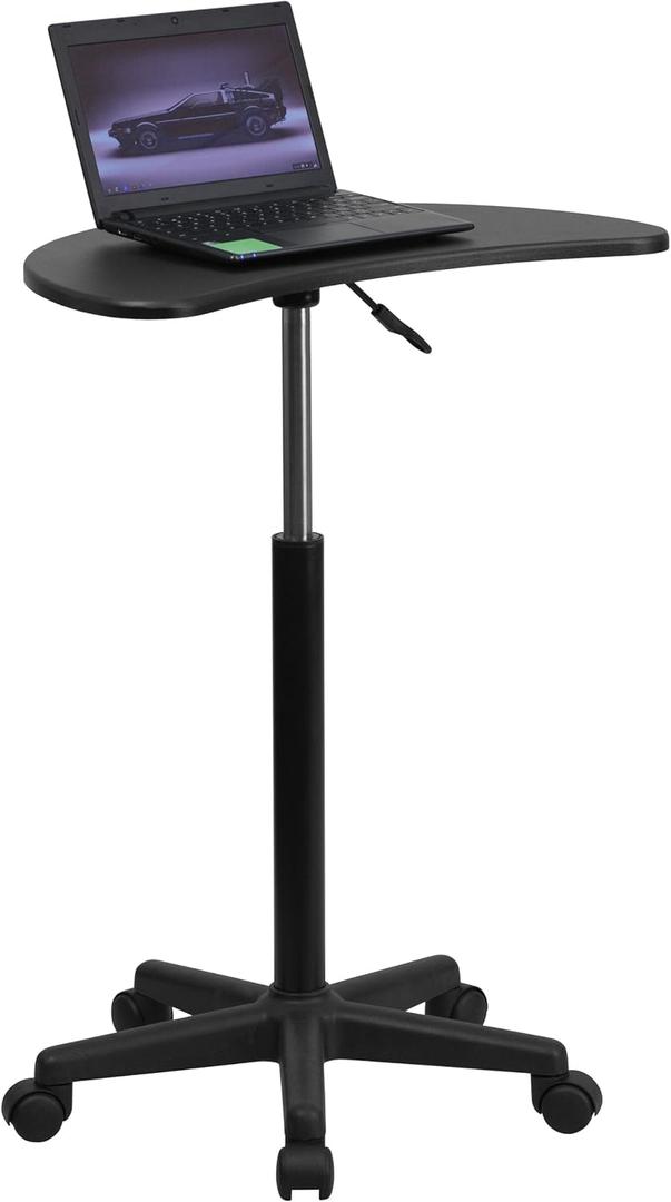 Flash Furniture Eve Sit to Stand Mobile Laptop Desk/Speaker's Lectern with Wheels, Modern Height-Adjustable Portable Standing Computer Desk, Black, Set of 1
