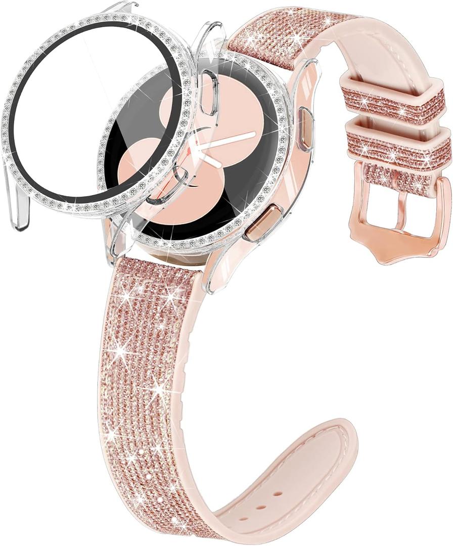 Bling Silicone Band Compatible with Samsung Galaxy Watch 4 & 5 Band-40mm with Screen Protector Case, 20mm Quick Release Women Glitter Cute Watch Band & Bling Protective Cover Case (Rose Gold)