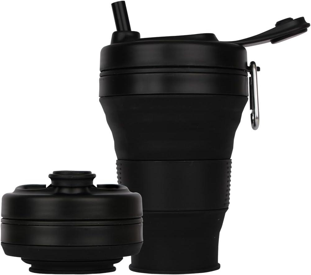 Silicone Coffee Cup with Straw lid Collapsible Cups for Traveling 20oz Lightweight Folding Water Mug for Picnic Hicking Camping Climbing (Black)