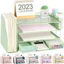 Desk Organizer and Accessories, 4-Tier Desktop File Organizer with Drawer and 2 Pen Holders, Office Desk Accessories for Office Supplies(Green)