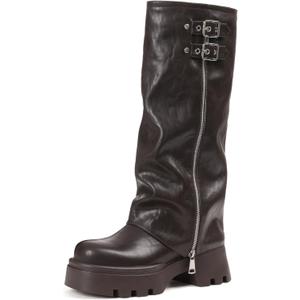 Women's Knee High Fold Over Boots Chunky Platform Lug Sole Comfortable Leather Round Toe Goth Moto Combat Dress Boots for Women, 8, Wine Red