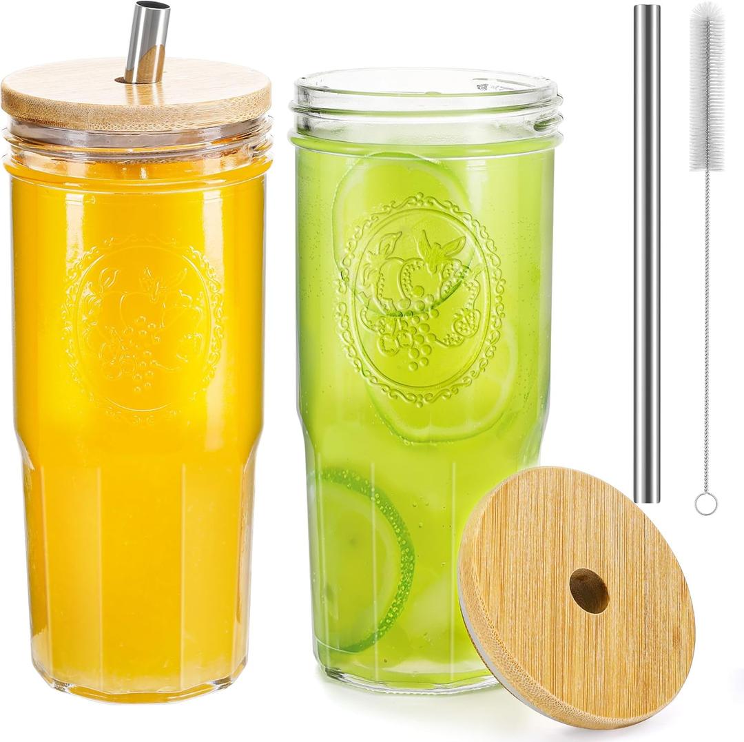 24 oz Glasses Drinking Set with Leakproof Bamboo Lids & Metal Straws, Glass Cups Set Double-Sided Fruit Print, Wide Mouth Kitchen Glasses Tumblers for Iced Coffee, Juice and Smoothie - 2 Pack