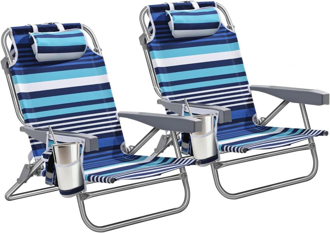 5-Position Aluminum Lay Flat Backpack Beach Chair 2 Pack, Compact Portable Low Beach Chairs for Adults, Beach Chair with Cooler Pouch, Storage Pouch, Towel Bar, Cup Holder, Blue Stripe