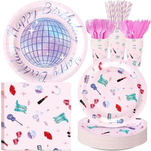 218 Pcs Birthday Era' Party Decorations Era' Party Icon Supplies Tableware Set Disposable Birthday Paper Napkins Plates Cups Knives Forks Spoons for 24 Guests Concert (Concert Style)