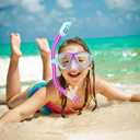 Snorkeling Gear for Kids Ages 5-15, 4 in 1 Mask Fins Snorkel Set with HD Tempered Glass Panoramic View Anti-Fog Mask, Dry Top Snorkel, Adjustable Trek Fins, and Mesh Bag, Kids Snorkel Set for Youth (Purple,LightBlue)
