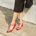 Athlefit Flat Sandals for Women Comfortable Buckle Strappy Sandals Pointed Open Toe Ankle Strap Sandals (Red)