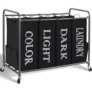 STORAGE MANIAC Laundry Sorter 4 Section, 47.8 Gal (181 L) Laundry Hamper with Wheels, Clothes Divider Basket Sorter, Clothes Separator Hamper Cart with Wheels and Removable Bags, Label Black