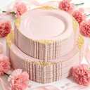 102PCS Pink Plastic Plates - Pink and Gold Plate - Heavyweight Disposable Plate with Gold Rim - Fancy Dinner & Dessert Plates for 51 Guests Weddings & Parties (7.5inch/10.25inch)