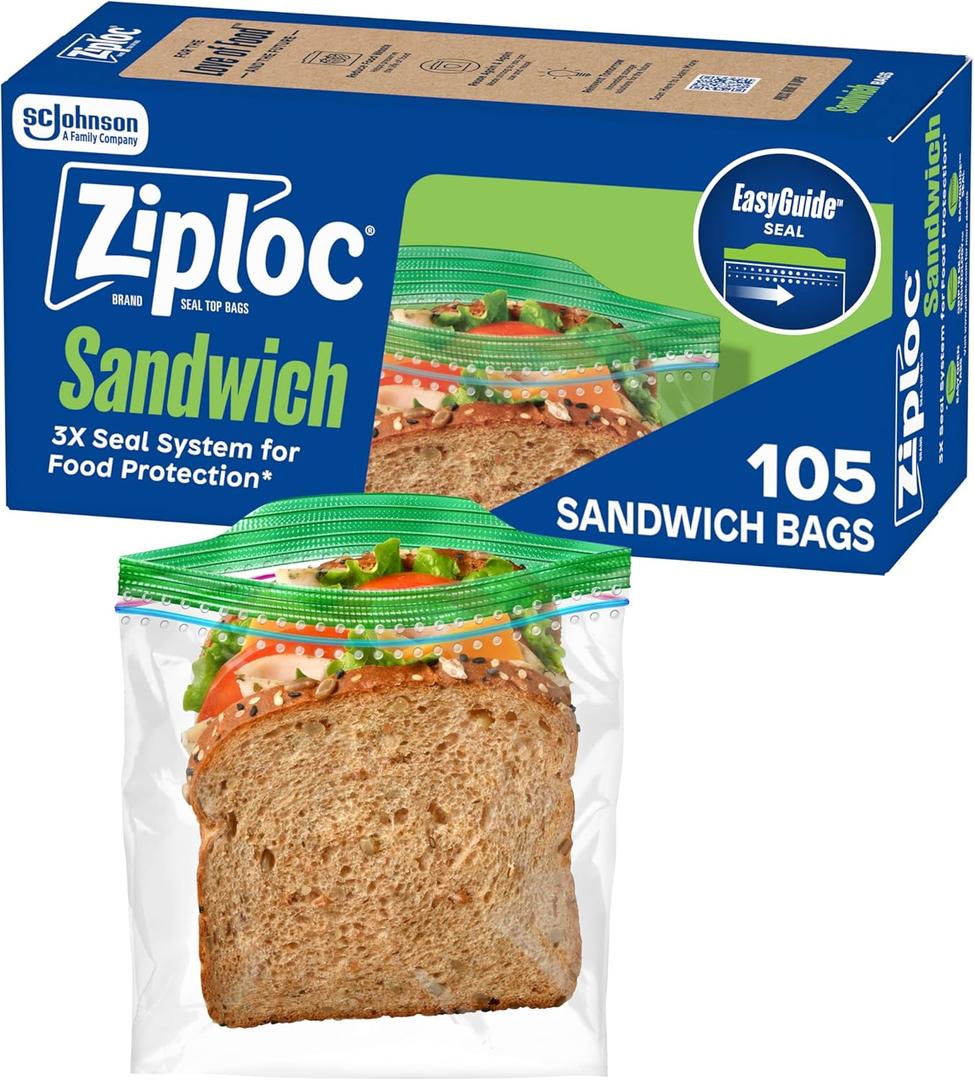 Ziploc Sandwich and Snack Bags, Easy Open and Close, Plastic Food Storage Bags, 105 Bags Total, 105 Count