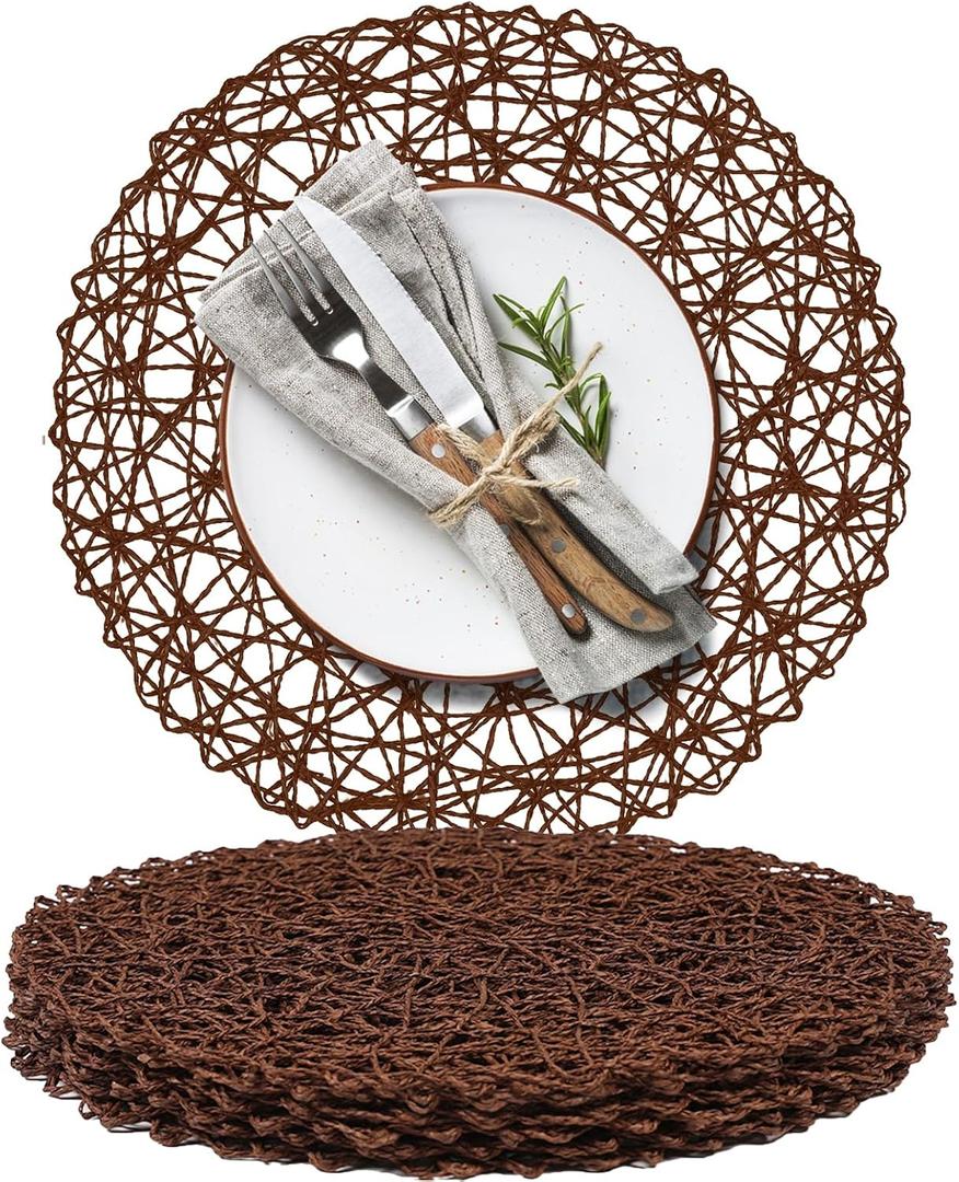 AHHFSMEI Paper Braided Round Placemats Set of 6 Natural Non-Slip Heat Resistant Table Mats for Dining Tables Woven Indoor & Outdoor Place mats(Coffee)