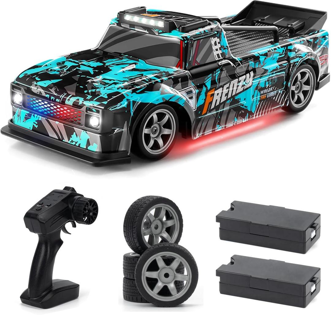 ACAMMZAR 1:16 RC Drift Car, 25KM/H 4WD High Speed Remote Control Cars for Kids, with LED Lights, Two Batteries, Extra Tires, Drift RC Cars for Adults (Blue)