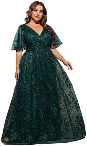 MIMIFINA Plus Size Women's V Neck Ruffles Flutter Sleeve Embroidered Lace A Line Maxi Dress for Wedding Party Evening 1X