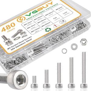 VGBUY 480pcs M4 Screws Assortment, M4 Screws (7 Sizes 6-30mm) for 3D Printer DIY, Hex Socket Head Cap Screw Bolts Nuts Washer Kit, 304 Stainless Steel, 6/8/12/16/20/25/30mm