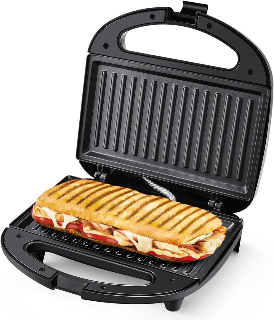 MONXOOK Electric Panini Press, 750W Sandwich Press, Non-Stick Coated Plates 8.46INx4.92IN, Panini Press Sandwich Maker with Indicator Lights, Cool Touch Handle, Black