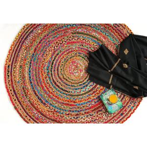 GRUHUM Handwoven 4'feet Jute Cotton Round Area Rug, Natural Multi Chindi Boho Colorful Rustic Vintage Soft Braided Reversible Bohemian Rug- Indoor EcoFriendly Kitchen Bedroom Living Room 4' ft Circle
