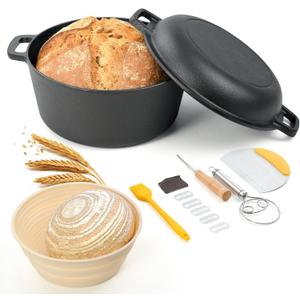 6.5QT Pre-Seasoned Cast Iron Dutch Oven for Bread Baking with Sourdough Bread Baking Supplies, Cast Iron Skillets with Dual Handles Indoor Outdoor for Frying, Baking, Camping, BBQ