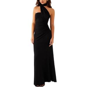 Women Strapless Tube Scarf Floral Maxi Dress Elegant Summer Ruched Prom Cocktail Party Dress Wedding Guest Dress (Black, L)