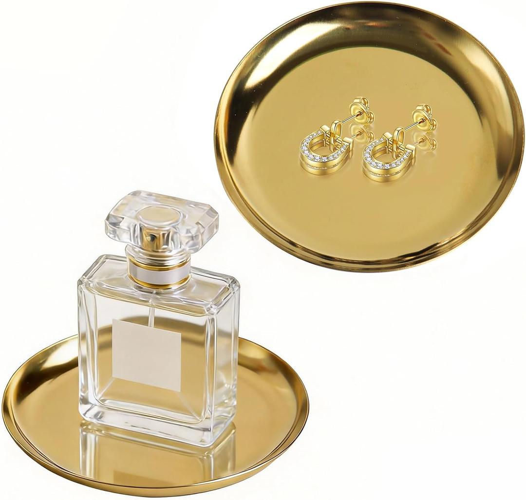 2 Pack 4 Inch Small Gold Tray, Palm-Sized Gold Jewelry Tray,Small Stainless Steel Tray for Jewelry, Vanity, Kitchen, Bathroom