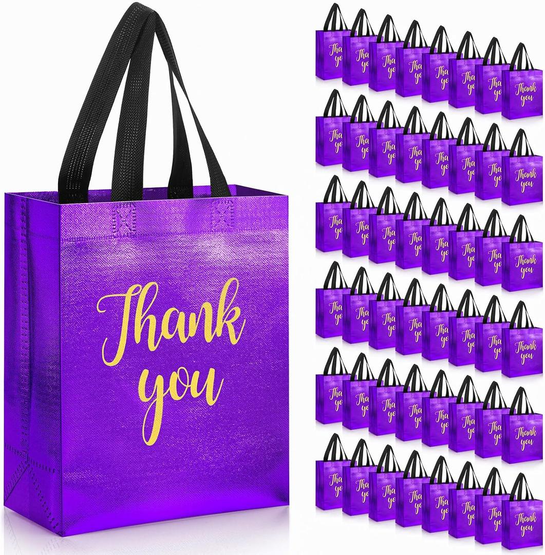 Fumete 50 Pcs Glossy Thank You Gift Bag with Handles 8 x 4 x 10 Inch Non Woven Reusable Gift Bags with Glossy Finish for Wedding Graduation Birthday Party Engagement Anniversary Holidays(Purple)