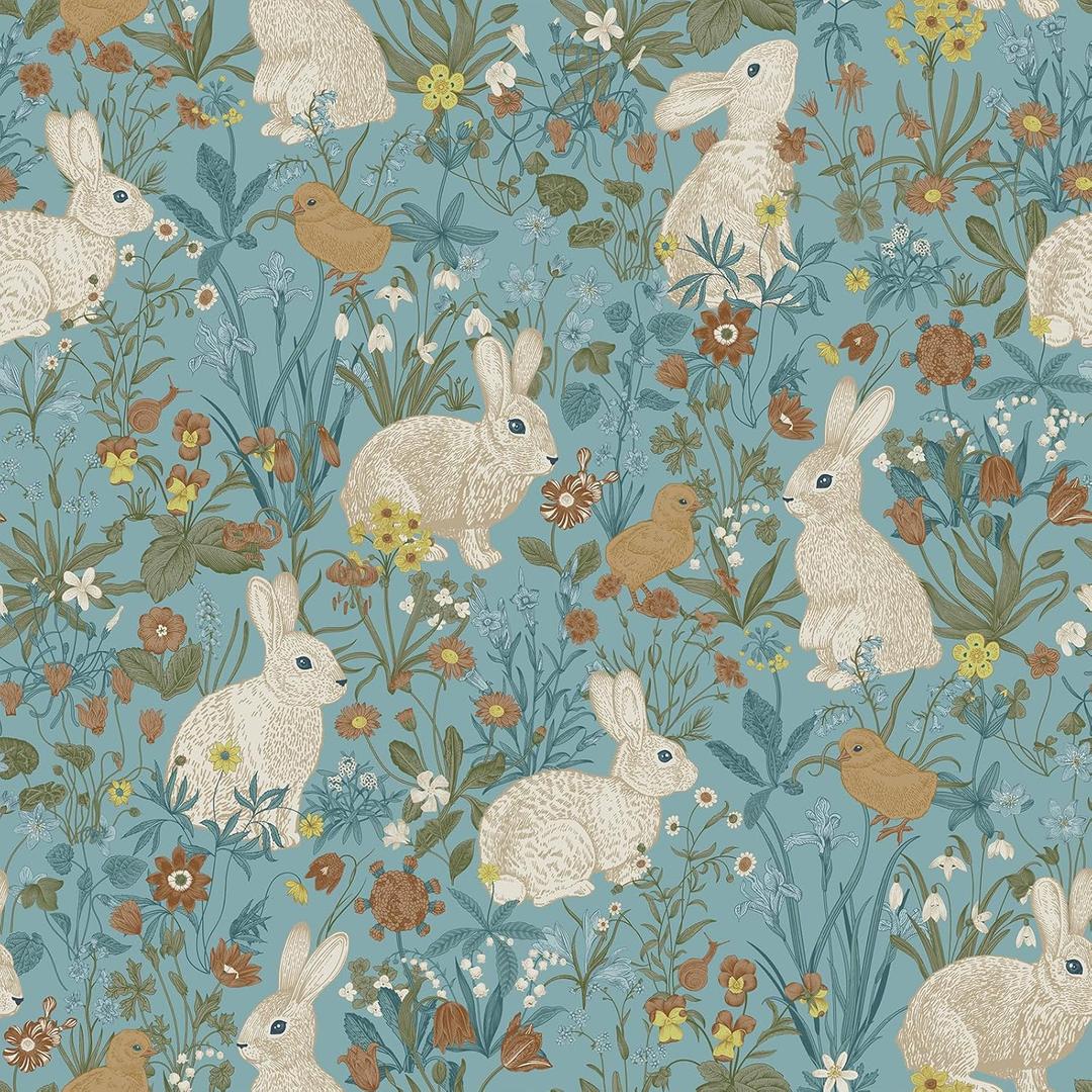 VEELIKE Cottage Rabbit Wallpaper Peel and Stick Blue Bunny Floral Wallpaper for Bedroom Nursery Bathroom 17.7''x118'' Removable Prepasted Botanical Wall Mural Blue Contact Paper for Cabinets Drawers