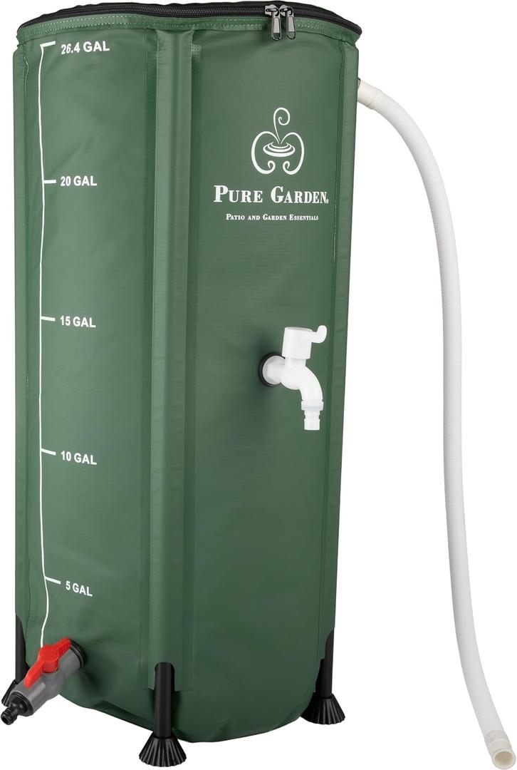 Rain Barrel - 26.4-Gallon/100-Liter Collapsible Water Container for Catching Rainwater - Portable Water Tank with Spigot by Pure Garden (Green