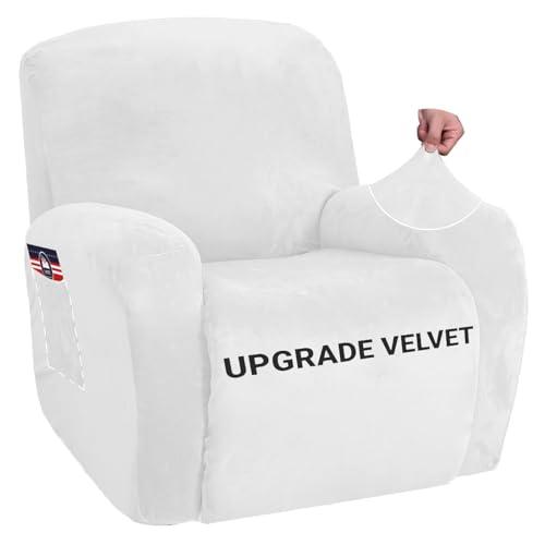 ZNSAYOTX Stretch Velvet Recliner Cover 4-Pieces, Thick Soft Recliner Chair Slipcover with Pocket, Non-Slip Elastic Bottom for Kids Pets, Luxury Plush Reclining Protector Comfy Washable (White)