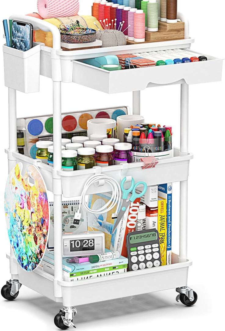 3-Tier Rolling Cart with Drawer & Lockable Wheels, Plastic Shelf Storage Organizer Cart  Easy Assembly, Waterproof Design for Kitchen, Bathroom, Office, White