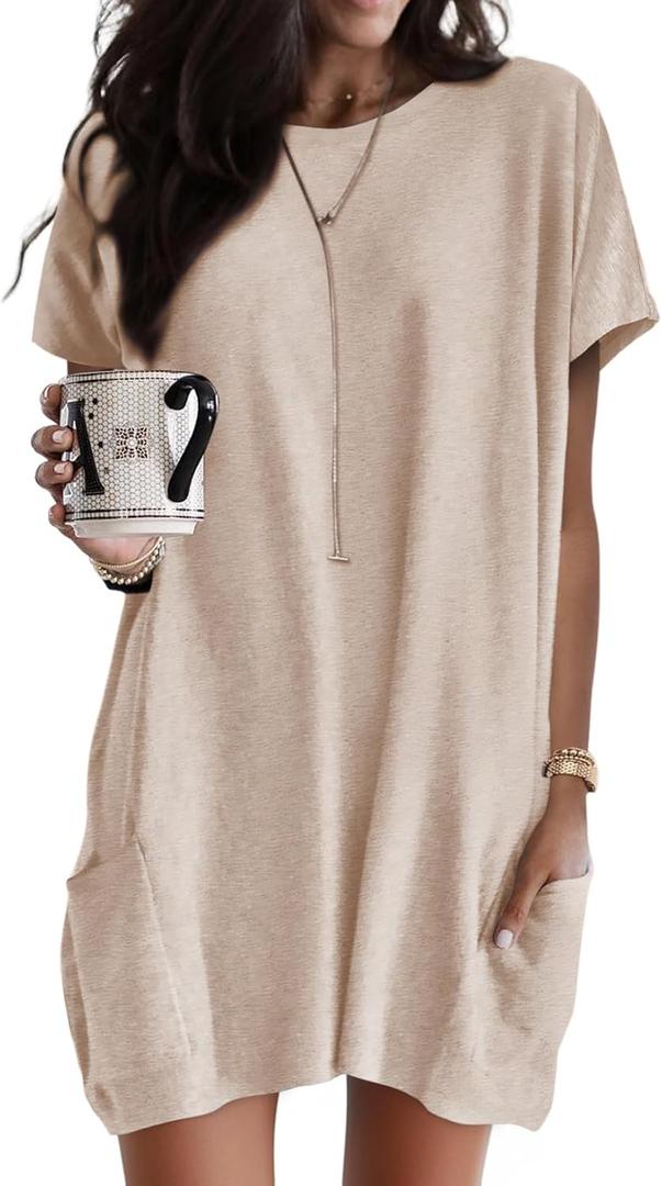 Dokotoo Womens Summer Casual Crewneck Long T-Shirts Loose Fit Solid Color Short Sleeve Long Tunic Tops to Wear with Leggings Oversized Shirts with Pockets for Women Khaki X-Large