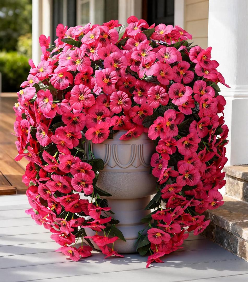 HyeFlora Artificial Flowers for Outdoors, 2pcs Faux Silk Pansies Flowers UV Resistant Fake Hanging Flower Plants for Outside Planters Porch Yard Patio Window Box (Rose)