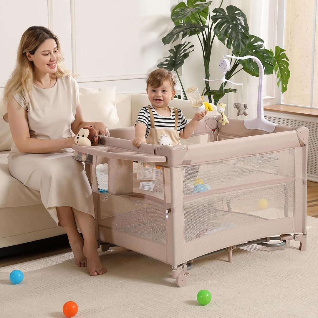5 in 1 Pack and Play, Portable Travel Baby Bassinet, Foldable Travel Playard Playpen for Toddler, Bedside Crib Sleeper, Diaper Changer Table, Baby Playard for Newborn (Champagne)