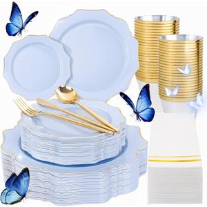 WDF 175Pcs Blue Plastic Plates - Heavy Duty Baby Blue Plates Disposable - 25Guests Plastic Dinnerware Ideal for Parties/Wedding/Baby Shower/Spring/First Communion/Fathers Day (Bule and Gold)