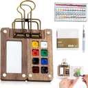 Mini Watercolor Paint Kit, New Portable Watercolor Paint Travel Set, 12 Color Pocket Artist Watercolour Travel Sets, Wooden Grid Paint Box for Painters Artists Students (8 Grids)