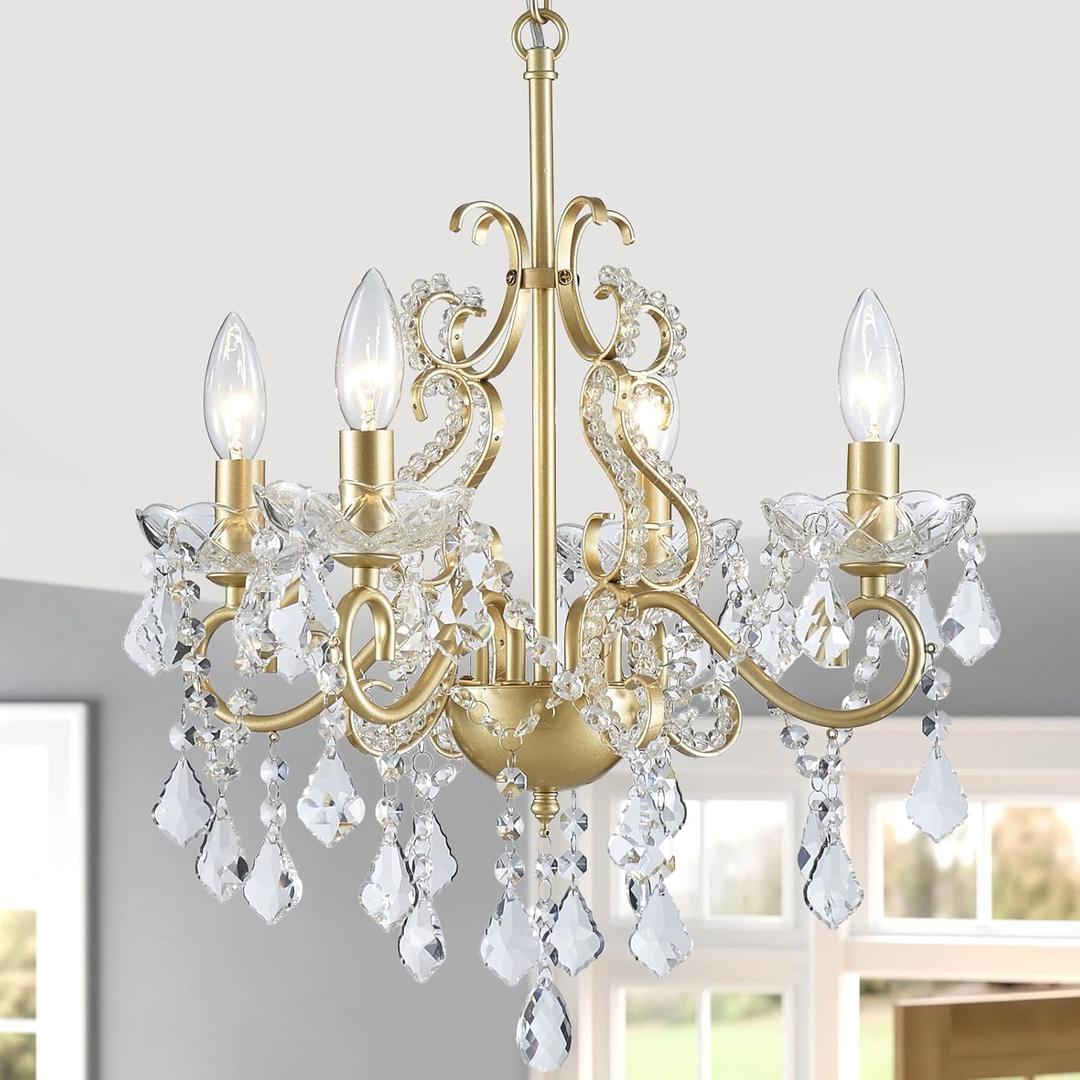 Uiimeces Mini Crystal Chandelier, Modern K9 Crystal Chandeliers for Dining Room, 4-Lights Gold Pendant Ceiling Light Fixture for Entryway Kitchen Island Bathroom Bedroom Living Room, H 21" x W 17.7" (Brass)