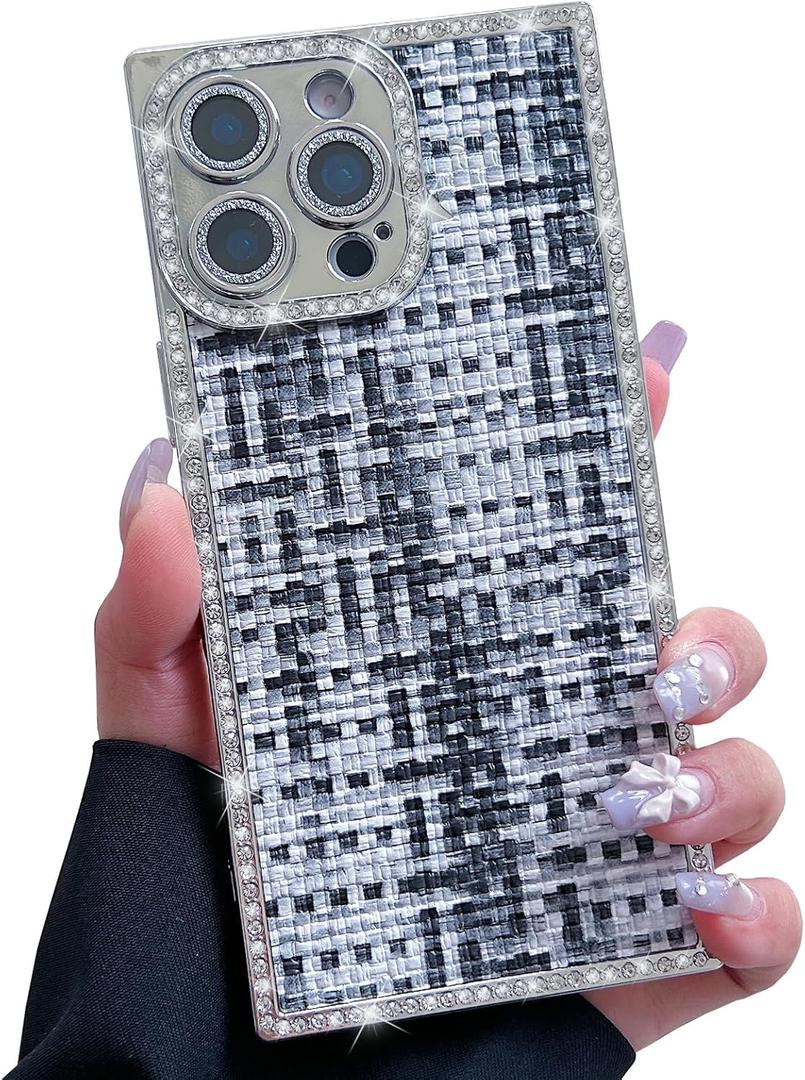 Dropcases Compatible with iPhone 16 Pro Max Case Rectangle Luxury Silver Plating with Bling Rhinestones for Women Girls,Camera Cover Protective Glitter Cute Case for 16 Pro Max - 6.9”(Black)