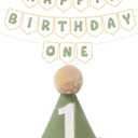 Sage Green First Birthday Decorations - One Birthday Hat and Pre-Strung Happy 1st B IRTHDAY Banner for Boys Girl 1st Bir thday Decorations,One Year Old BD Decor Photo Shoot