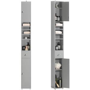 Haotian Bathroom Narrow Storage Cabinet Skinny Tall Unit with Adjustable Shelves Slender Anti-Tipping Floor Standing Cupboard, Gray BZR34-HG, W7.9 x D7.9 x H70.9
