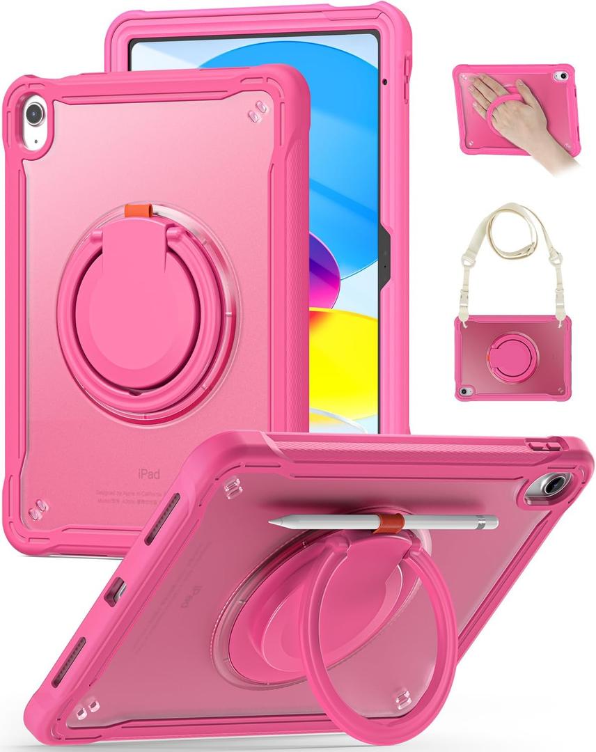 BRAECN for iPad (A16) 11th/10th Generation Case 11 inch 2025/10.9'' 2022 Handle Protective Cover 360 Rotating Ring Stand, Shockproof Dropproof Case for Kids Kickstand & Pencil Holder & Shoulder Strap (Rose Red)