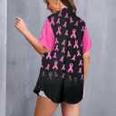 Breast Cancer Awareness Shirts Women: Pink Ribbon Graphic Top Breast Cancer Blouse Short Sleeve Button Down Tops (Small, Black)